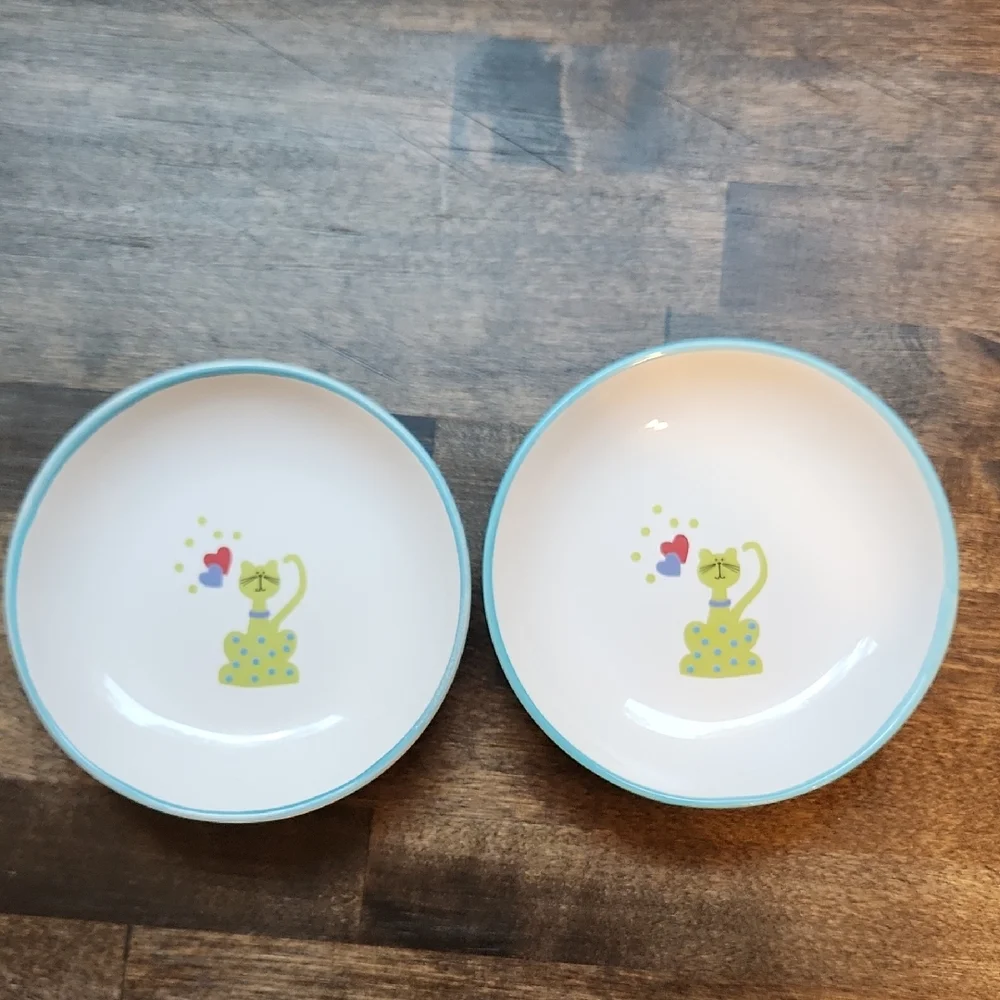 Whisker City Green Cat With Hearts Set Of Bowls